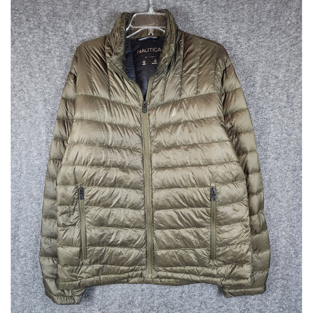 Nautica Puffer Jacket Mens Large Lightweight Duck Down Olive Green EUC